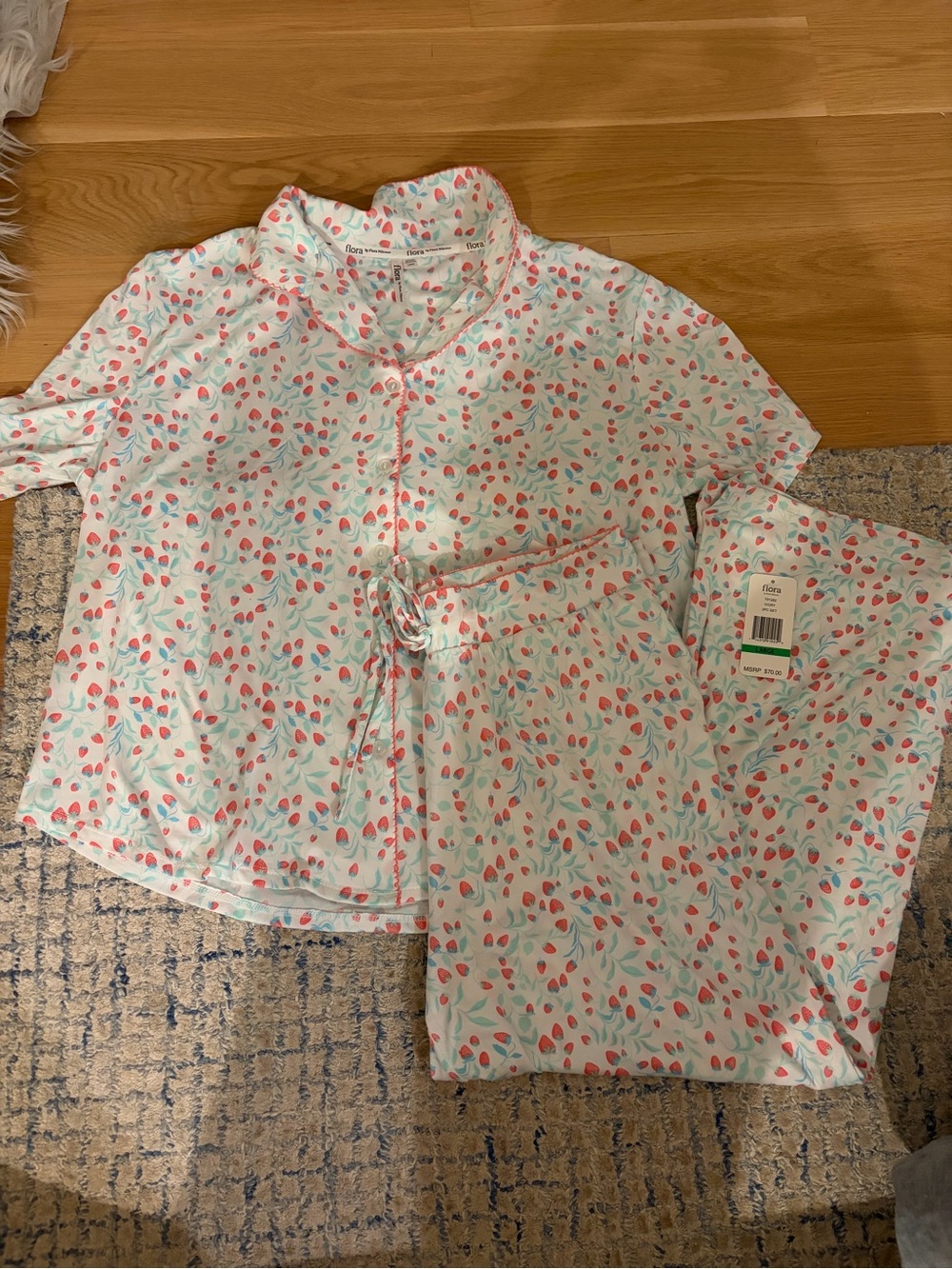 Soft Mint Floral Pajama Set with Pink Leaf Print